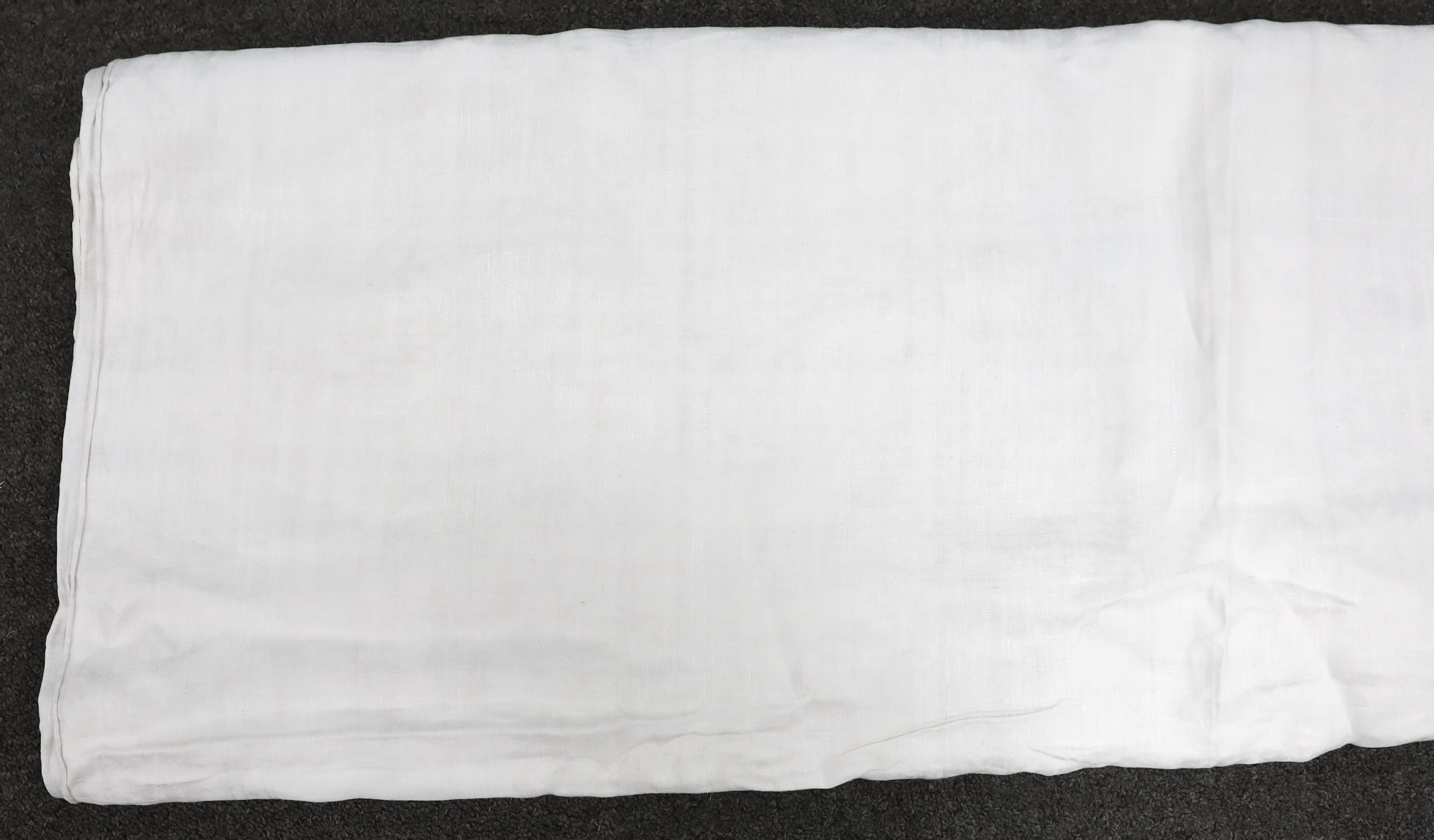 A 19th century fine white linen damask table cover, commemorating the Scottish Jacobite Rebellion of the 18th century, to establish Charles Edward Stuart to the throne, 280cm x 226cm